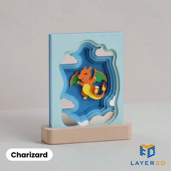 Charizard layered 3D printed shadowbox on a display base, hand-finished desk decor by Layer3D