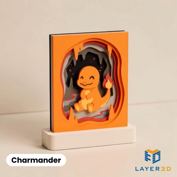 Charmander layered 3D printed shadowbox on a display base, hand-finished desk decor by Layer3D