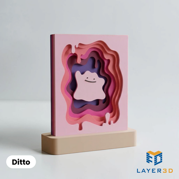 Ditto layered 3D printed shadowbox on a display base, hand-finished desk decor by Layer3D