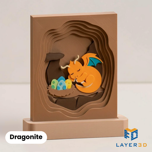 Dragonite layered 3D printed shadowbox on a display base, hand-finished desk decor by Layer3D