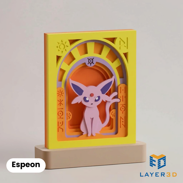 Espeon layered 3D printed shadowbox on a display base, hand-finished desk decor by Layer3D