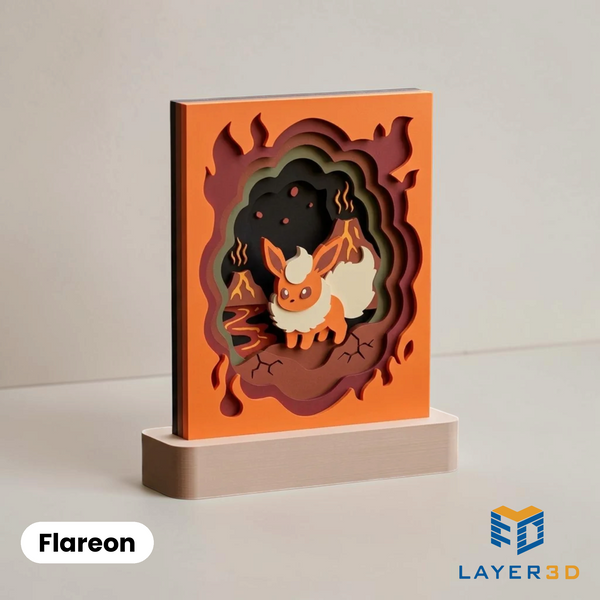 Flareon layered 3D printed shadowbox on a display base, hand-finished desk decor by Layer3D