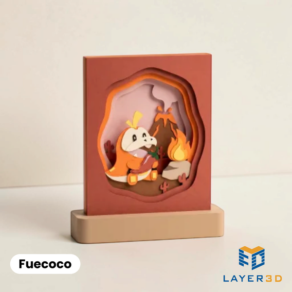 Fuecoco layered 3D printed shadowbox on a display base, hand-finished desk decor by Layer3D