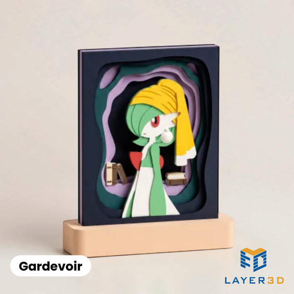 Gardevoir layered 3D printed shadowbox on a display base, hand-finished desk decor by Layer3D