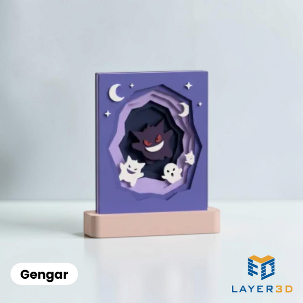 Gengar layered 3D printed shadowbox on a display base, hand-finished desk decor by Layer3D