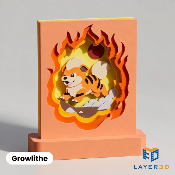 Growlithe layered 3D printed shadowbox on a display base, hand-finished desk decor by Layer3D