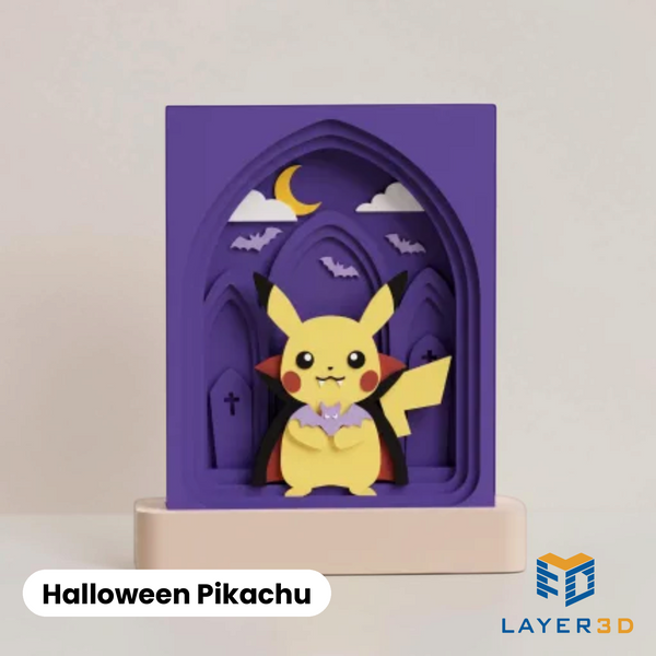 Halloween Pikachu layered 3D printed shadowbox on a display base, hand-finished desk decor by Layer3D