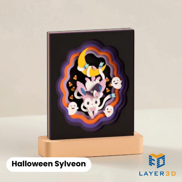 Halloween Sylveon layered 3D printed shadowbox on a display base, hand-finished desk decor by Layer3D