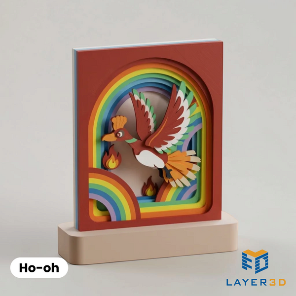 Ho-Oh layered 3D printed shadowbox on a display base, hand-finished desk decor by Layer3D