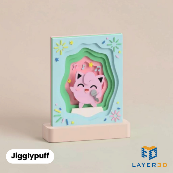 Jigglypuff layered 3D printed shadowbox on a display base, hand-finished desk decor by Layer3D