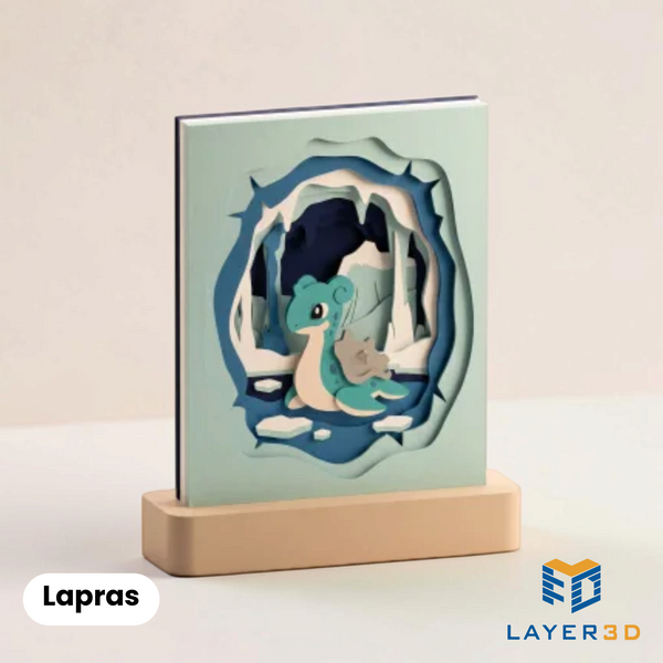 Lapras layered 3D printed shadowbox on a display base, hand-finished desk decor by Layer3D