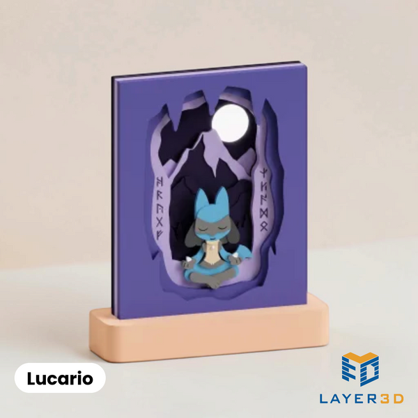 Lucario layered 3D printed shadowbox on a display base, hand-finished desk decor by Layer3D