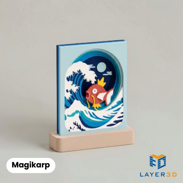 Magikarp layered 3D printed shadowbox on a display base, hand-finished desk decor by Layer3D
