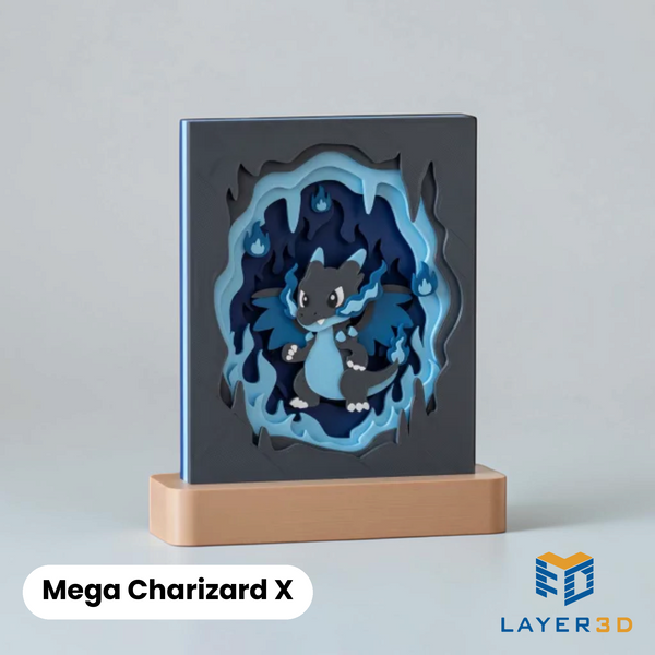 Mega Charizard X layered 3D printed shadowbox on a display base, hand-finished desk decor by Layer3D