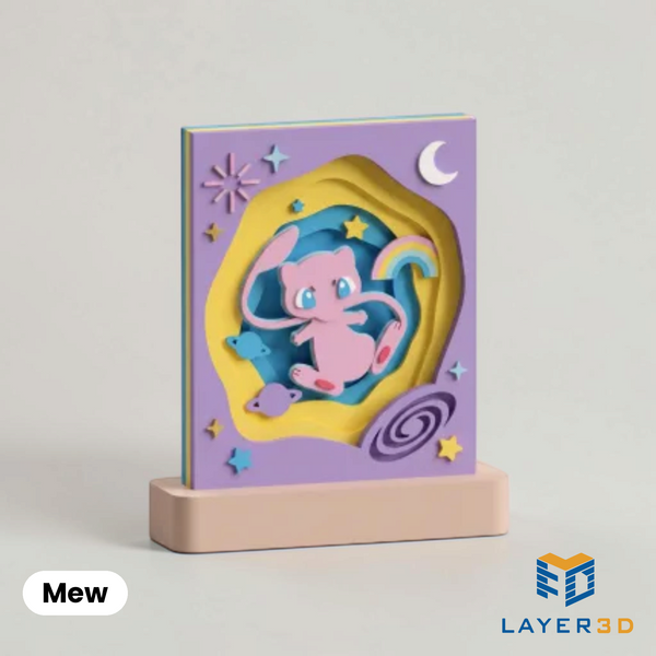 Mew layered 3D printed shadowbox on a display base, hand-finished desk decor by Layer3D