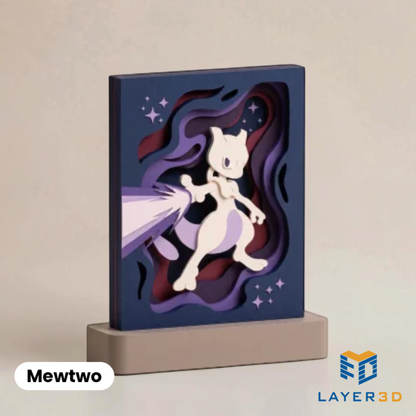 Mewtwo layered 3D printed shadowbox on a display base, hand-finished desk decor by Layer3D