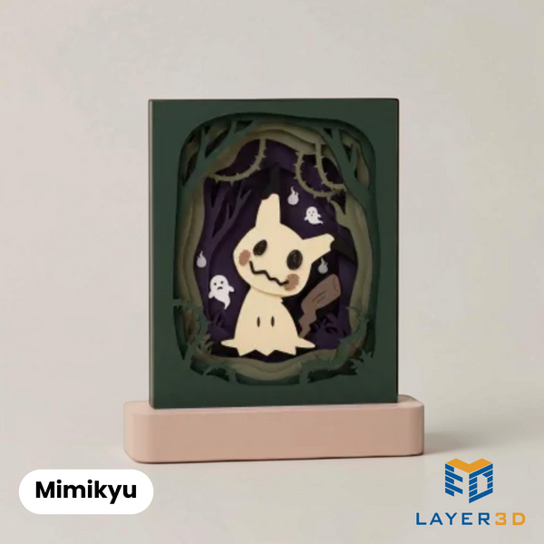 Mimikyu layered 3D printed shadowbox on a display base, hand-finished desk decor by Layer3D