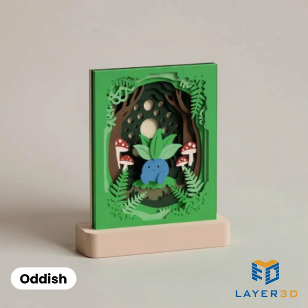Oddish layered 3D printed shadowbox on a display base, hand-finished desk decor by Layer3D