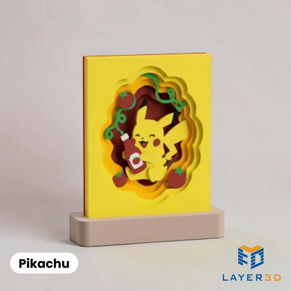 Pikachu layered 3D printed shadowbox on a display base, hand-finished desk decor by Layer3D