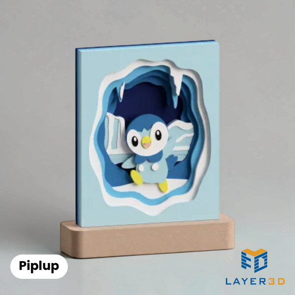 Piplup layered 3D printed shadowbox on a display base, hand-finished desk decor by Layer3D