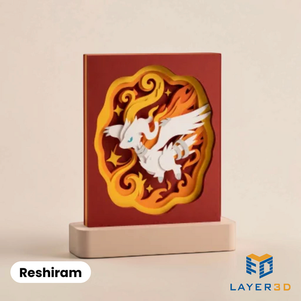 Reshiram layered 3D printed shadowbox on a display base, hand-finished desk decor by Layer3D