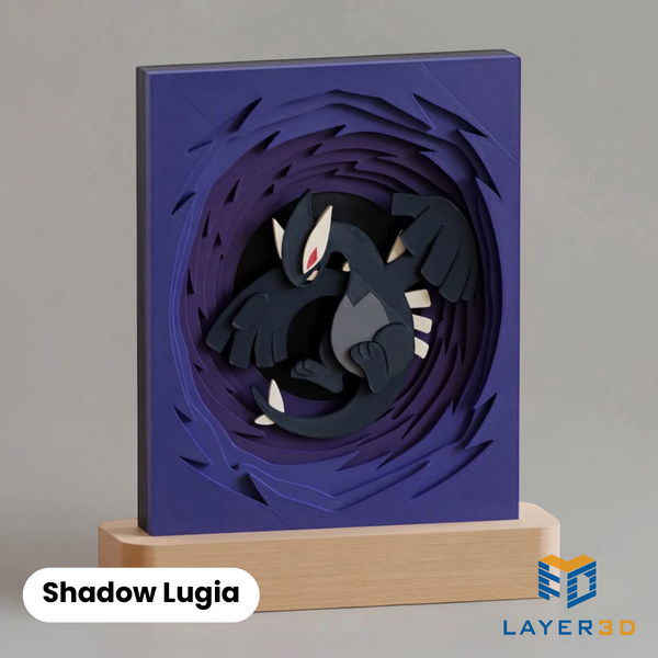 Shadow Lugia layered 3D printed shadowbox on a display base, hand-finished desk decor by Layer3D