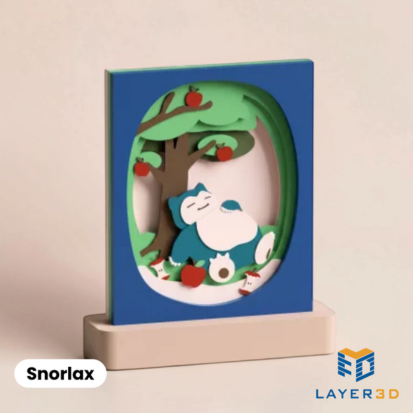 Snorlax layered 3D printed shadowbox on a display base, hand-finished desk decor by Layer3D