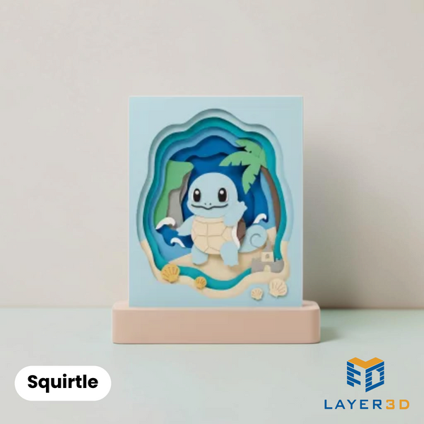 Squirtle layered 3D printed shadowbox on a display base, hand-finished desk decor by Layer3D