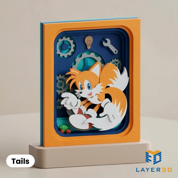 Tails layered 3D printed shadowbox on a display base, hand-finished desk decor by Layer3D
