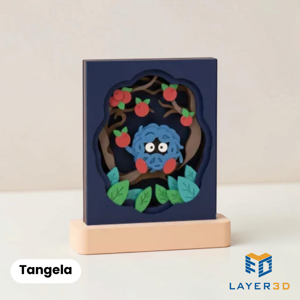 Tangela layered 3D printed shadowbox on a display base, hand-finished desk decor by Layer3D