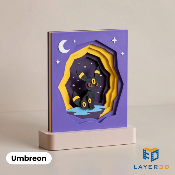 Umbreon layered 3D printed shadowbox on a display base, hand-finished desk decor by Layer3D