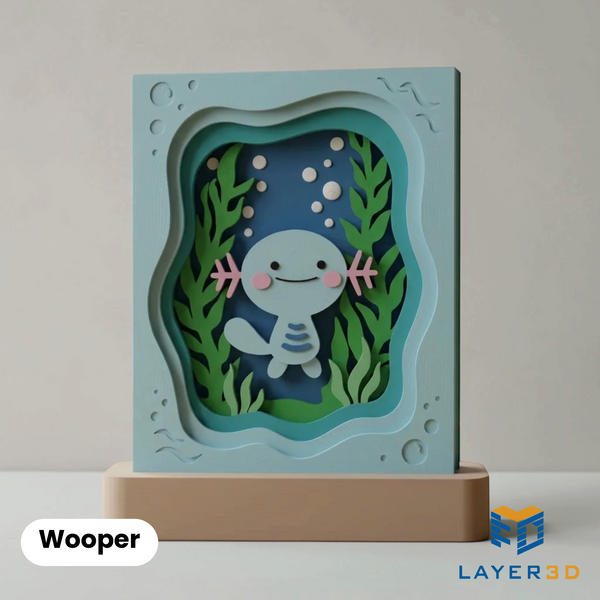 Wooper layered 3D printed shadowbox on a display base, hand-finished desk decor by Layer3D