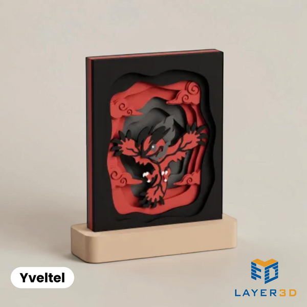 Yveltal layered 3D printed shadowbox on a display base, hand-finished desk decor by Layer3D