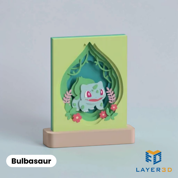 Bulbasaur layered 3D printed shadowbox on a display base, hand-finished desk decor by Layer3D